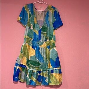 Nicole Miller Blue and Green Ruffled Tiered Sundress